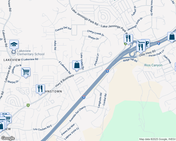 map of restaurants, bars, coffee shops, grocery stores, and more near 13755 Highway 8 Business in El Cajon