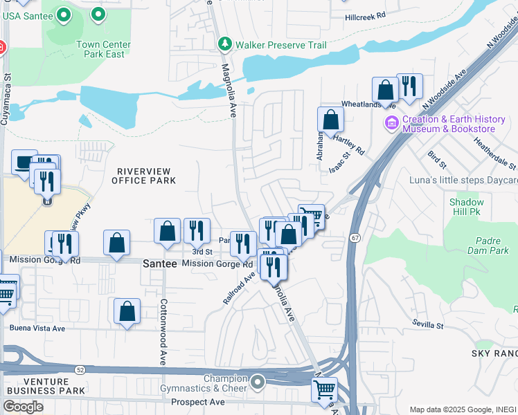 map of restaurants, bars, coffee shops, grocery stores, and more near 10705 Lisa Meadows Drive in Santee