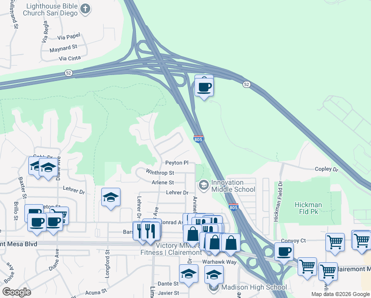 map of restaurants, bars, coffee shops, grocery stores, and more near 5373 Sunglow Court in San Diego