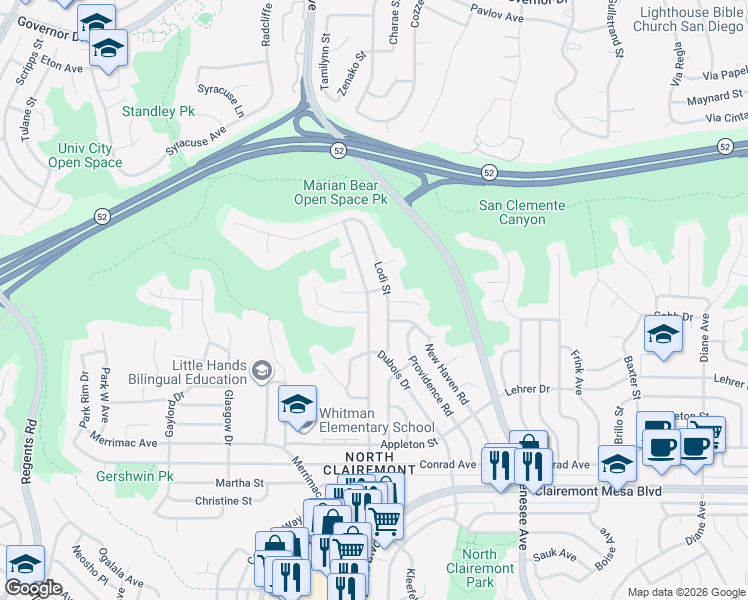 map of restaurants, bars, coffee shops, grocery stores, and more near 5268 Lodi Street in San Diego