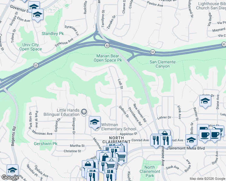 map of restaurants, bars, coffee shops, grocery stores, and more near 4176 Cole Way in San Diego
