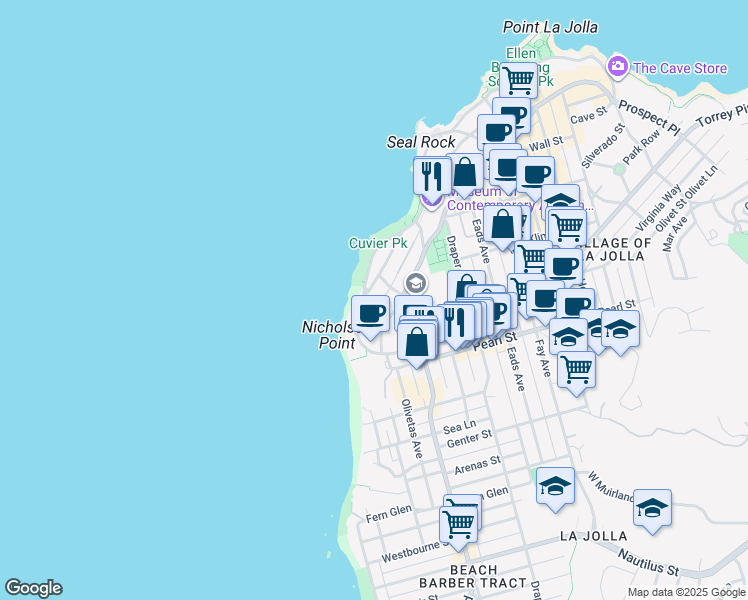 map of restaurants, bars, coffee shops, grocery stores, and more near 320 Scripps Lane in San Diego