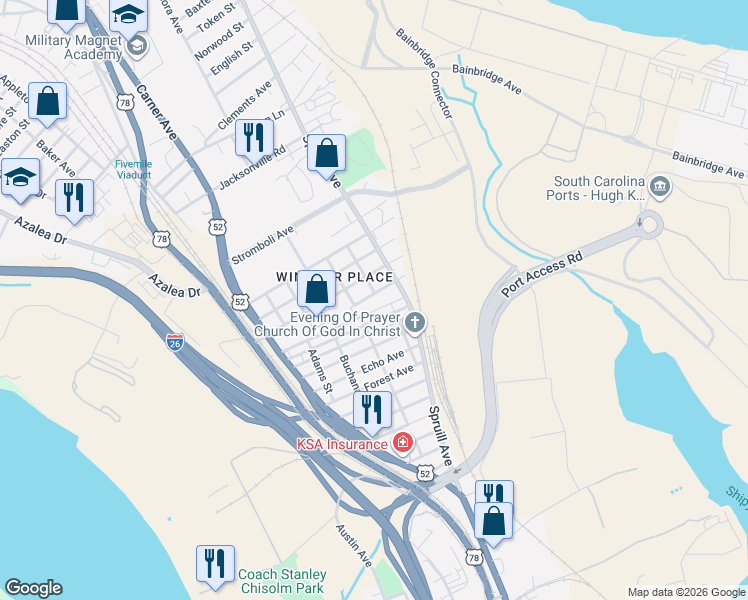map of restaurants, bars, coffee shops, grocery stores, and more near 1973 Arbutus Avenue in North Charleston