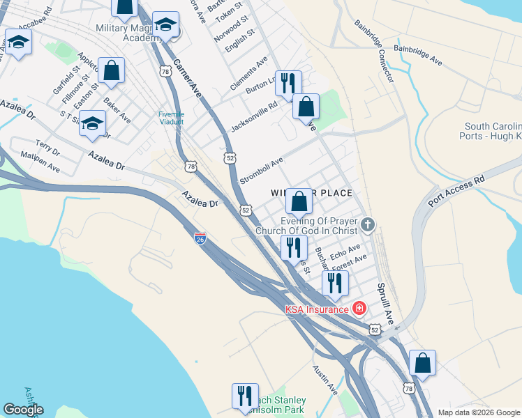 map of restaurants, bars, coffee shops, grocery stores, and more near 2522 Meeting Street in North Charleston
