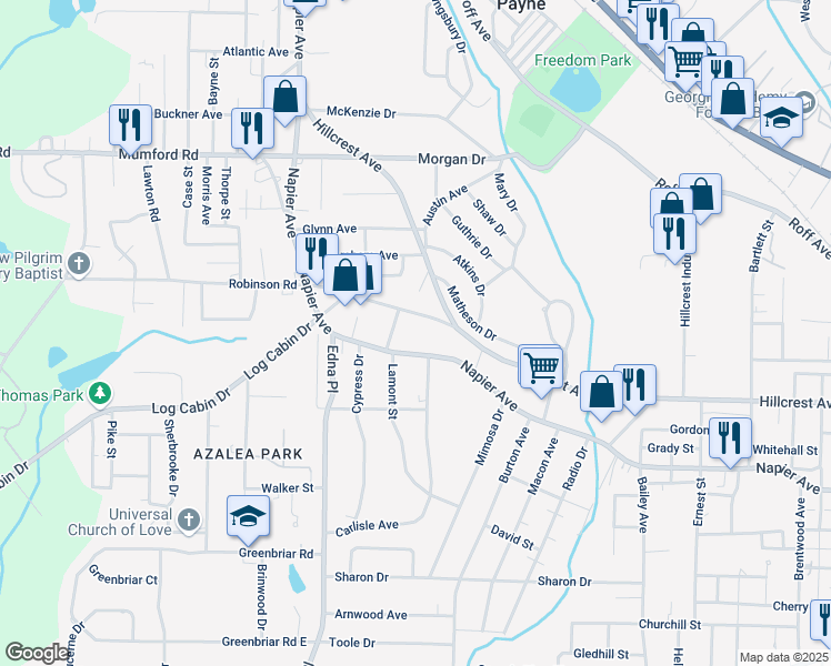 map of restaurants, bars, coffee shops, grocery stores, and more near 3321 Napier Avenue in Macon