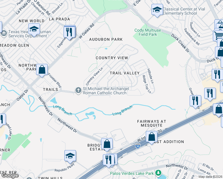 map of restaurants, bars, coffee shops, grocery stores, and more near 6113 Cypress Point Drive in Garland