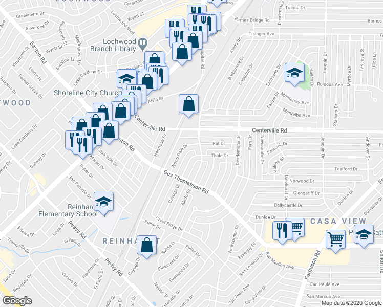 map of restaurants, bars, coffee shops, grocery stores, and more near 10644 Cayuga Drive in Dallas