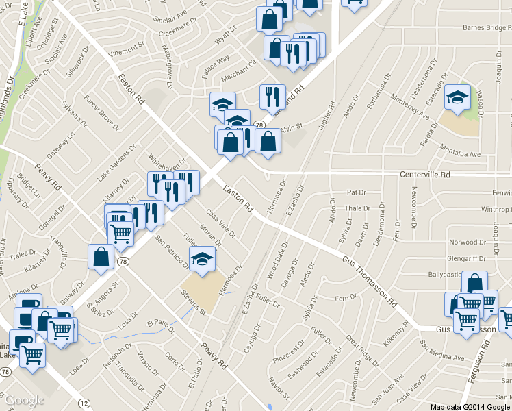 map of restaurants, bars, coffee shops, grocery stores, and more near 1415 Easton Road in Dallas