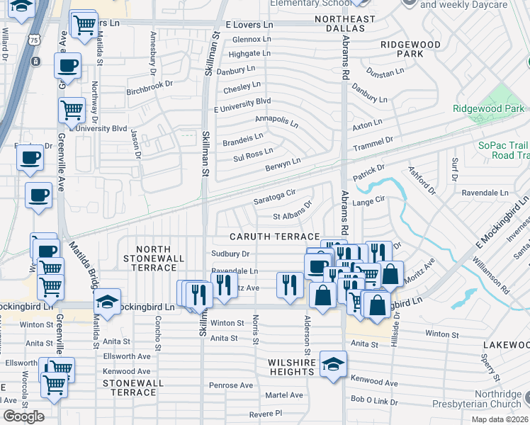 map of restaurants, bars, coffee shops, grocery stores, and more near 6216 Saint Albans Drive in Dallas