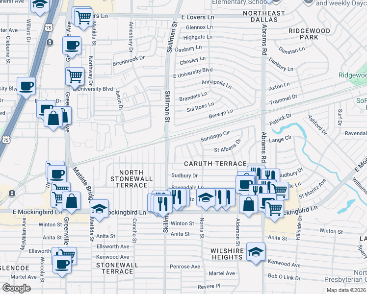 map of restaurants, bars, coffee shops, grocery stores, and more near 6128 Saratoga Circle in Dallas