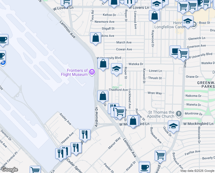 map of restaurants, bars, coffee shops, grocery stores, and more near 6803 Tyree Street in Dallas