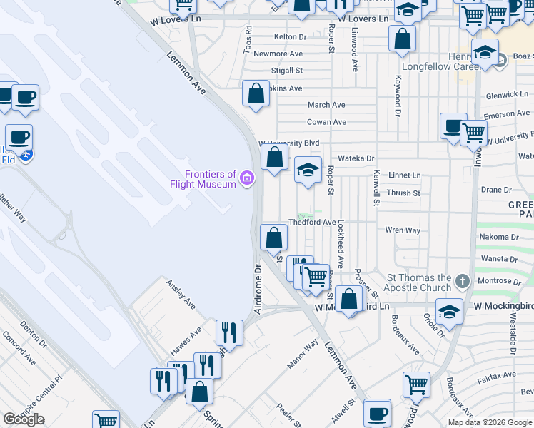 map of restaurants, bars, coffee shops, grocery stores, and more near 3627 Thedford Avenue in Dallas