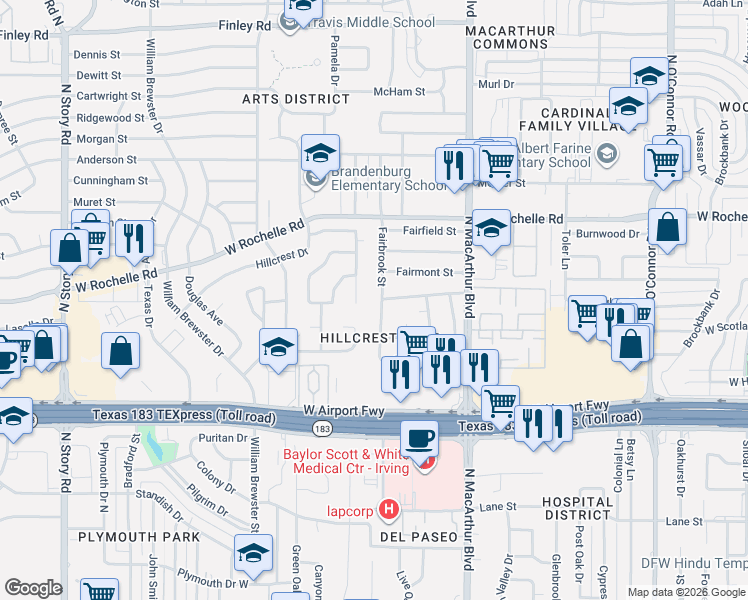 map of restaurants, bars, coffee shops, grocery stores, and more near 2521 Fairbrook Street in Irving