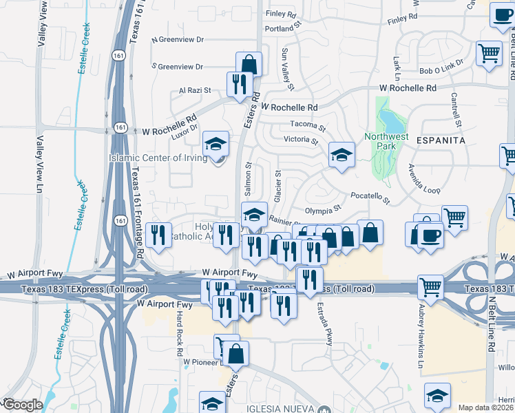 map of restaurants, bars, coffee shops, grocery stores, and more near 4211 Rainier Street in Irving