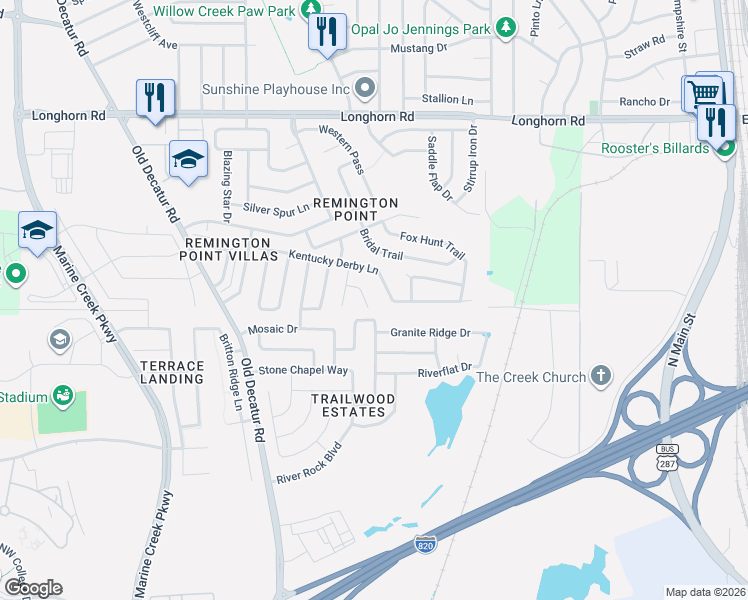 map of restaurants, bars, coffee shops, grocery stores, and more near 5800 World Champion Court in Fort Worth