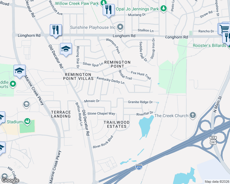 map of restaurants, bars, coffee shops, grocery stores, and more near 5801 Thoroughbred Court in Fort Worth