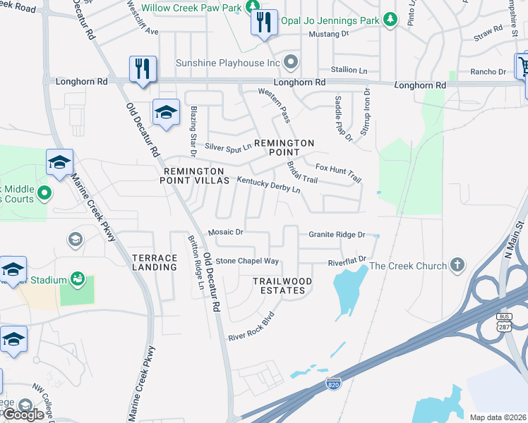 map of restaurants, bars, coffee shops, grocery stores, and more near 5801 Thoroughbred Court in Fort Worth