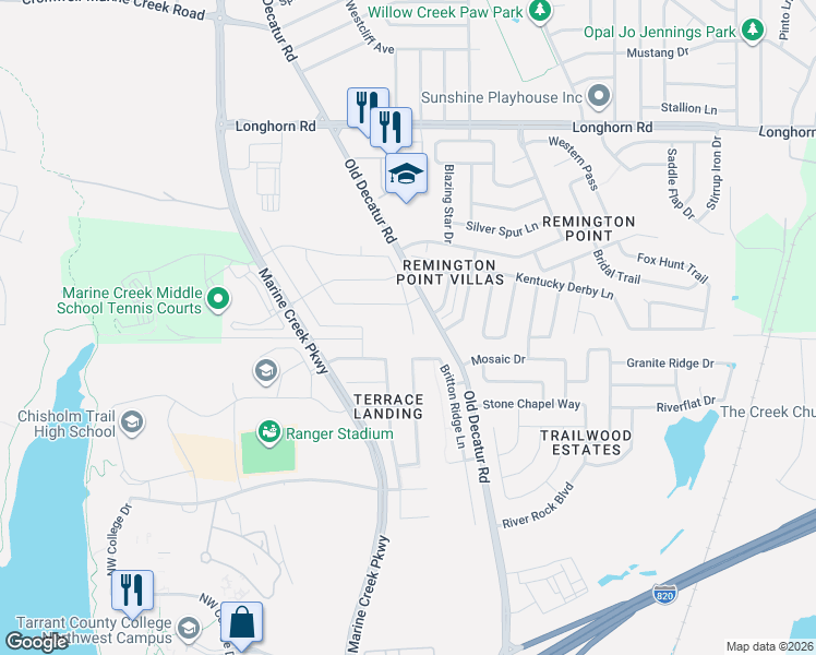 map of restaurants, bars, coffee shops, grocery stores, and more near 5705 Pawpaw Ridge Drive in Fort Worth