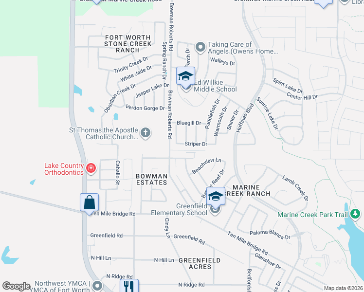map of restaurants, bars, coffee shops, grocery stores, and more near 6133 Striper Drive in Fort Worth