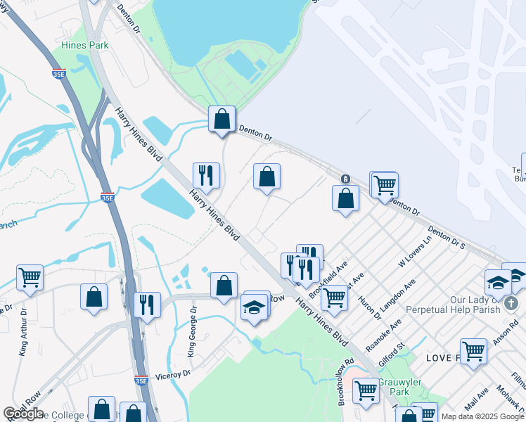map of restaurants, bars, coffee shops, grocery stores, and more near 2175 Research Row in Dallas