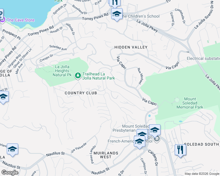 map of restaurants, bars, coffee shops, grocery stores, and more near 1904 Via Casa Alta in San Diego