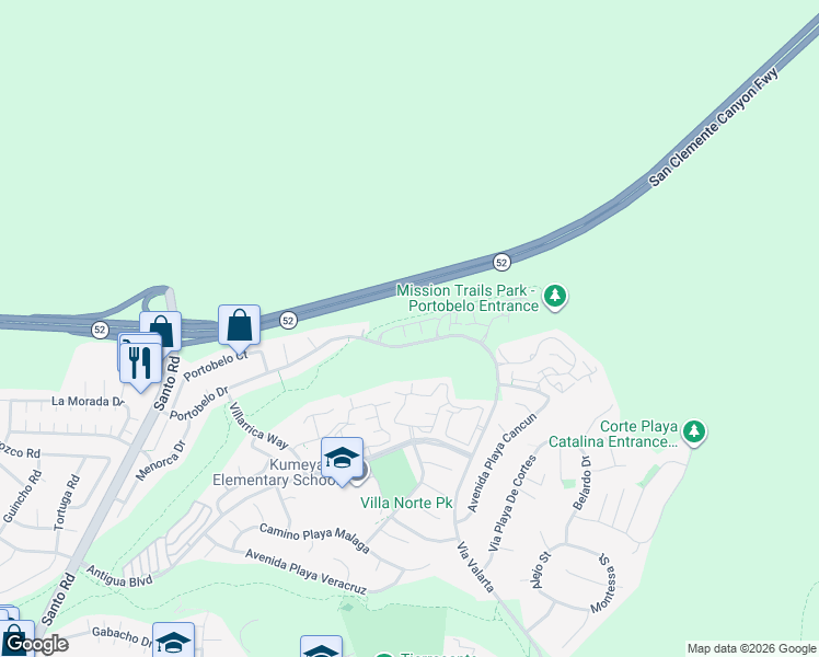 map of restaurants, bars, coffee shops, grocery stores, and more near 11056 Portobelo Drive in San Diego