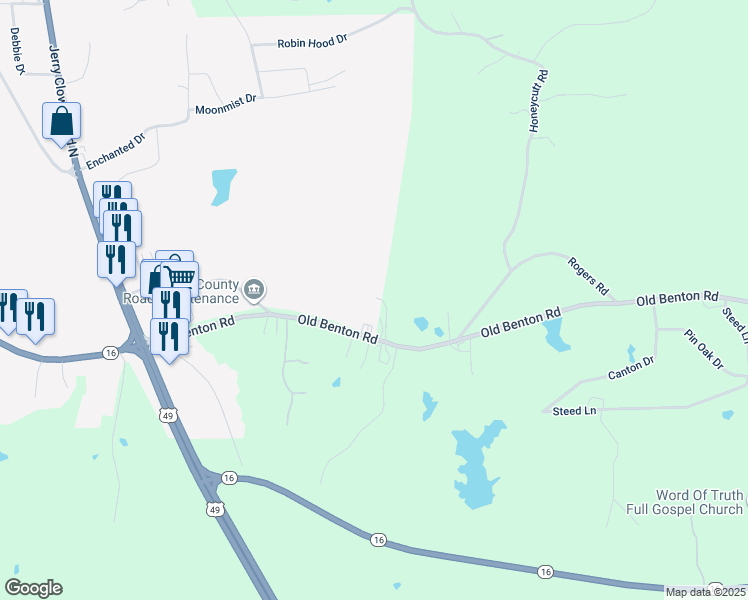 map of restaurants, bars, coffee shops, grocery stores, and more near 52 Harrison Lane in Yazoo City