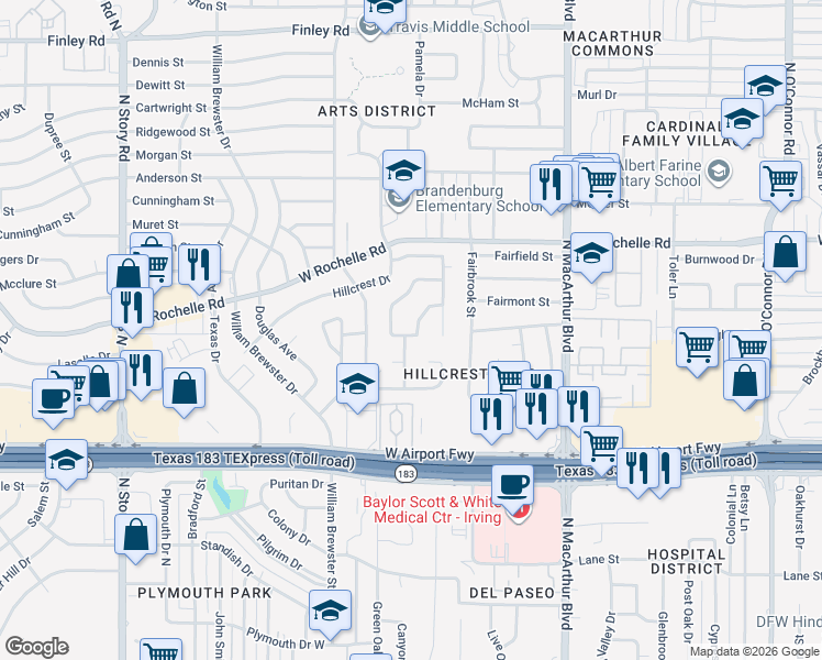 map of restaurants, bars, coffee shops, grocery stores, and more near 1334 Carriage Drive in Irving