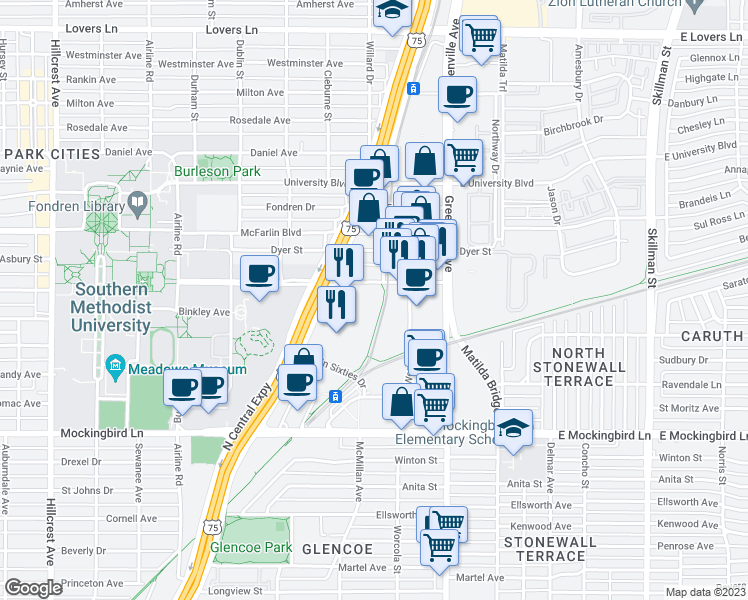 map of restaurants, bars, coffee shops, grocery stores, and more near 5550 SMU Boulevard in Dallas