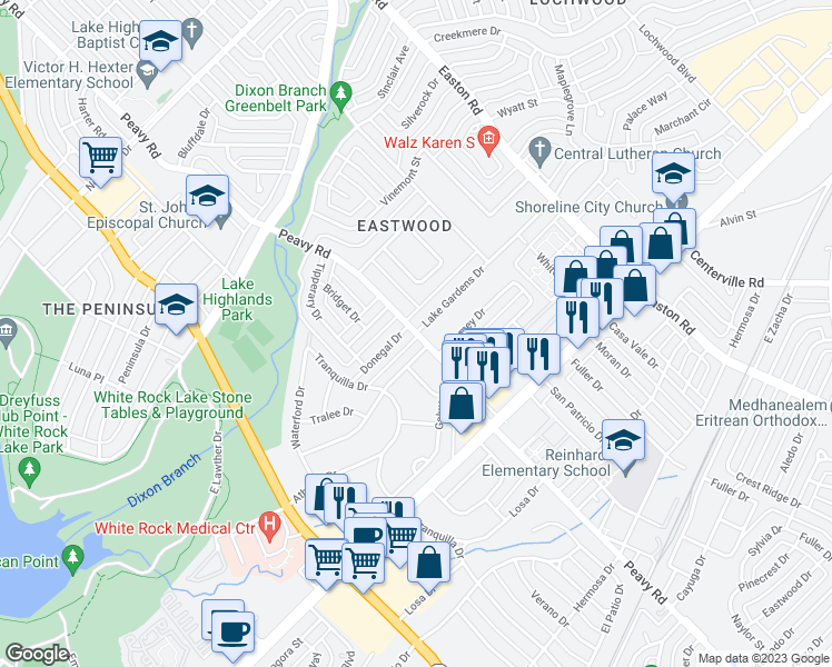map of restaurants, bars, coffee shops, grocery stores, and more near Peavy Rd & Lake Gardens Dr in Dallas