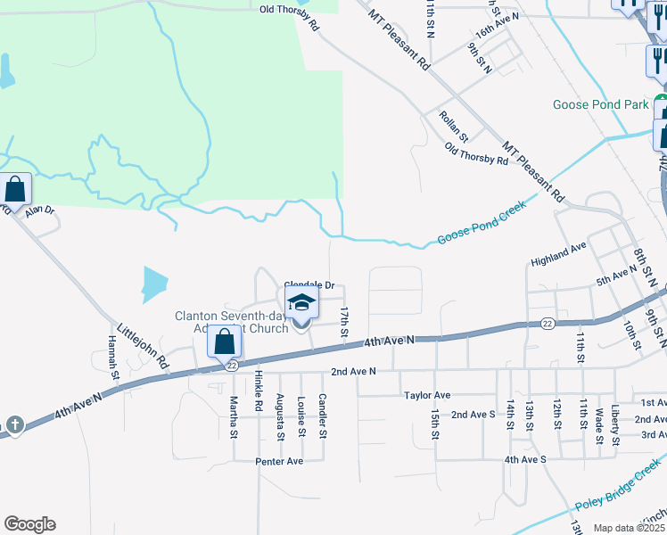 map of restaurants, bars, coffee shops, grocery stores, and more near 1913 Glendale Dr in Clanton