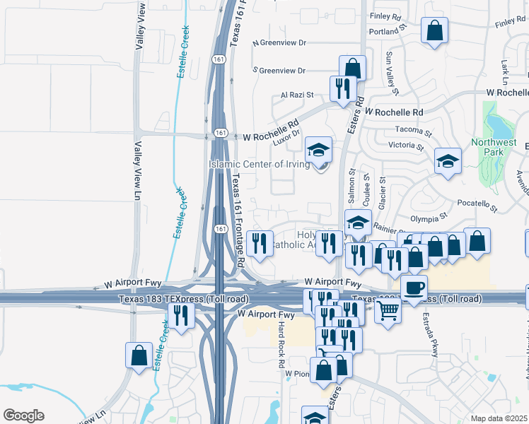 map of restaurants, bars, coffee shops, grocery stores, and more near 4447 Rainier Street in Irving