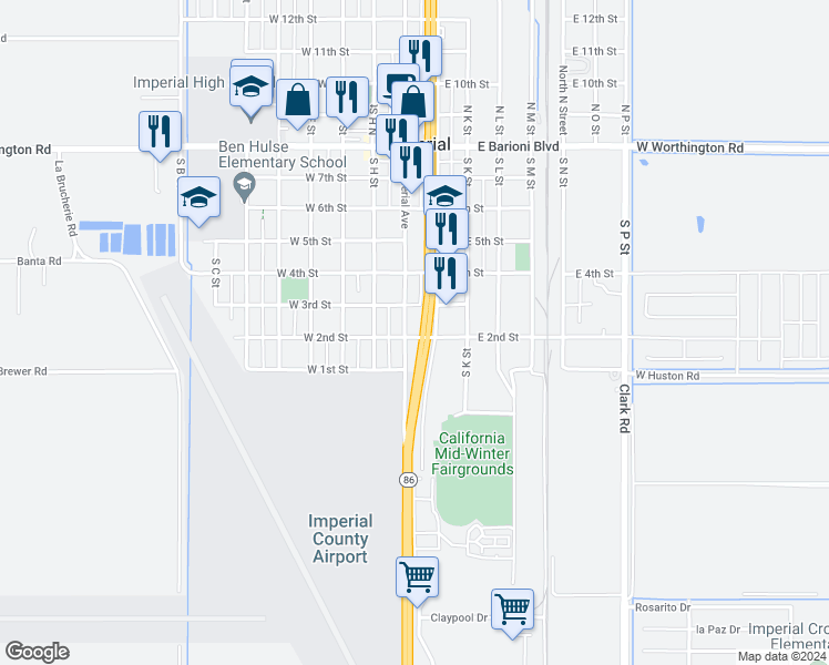 map of restaurants, bars, coffee shops, grocery stores, and more near North Imperial Avenue in Imperial