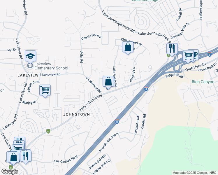 map of restaurants, bars, coffee shops, grocery stores, and more near in Lakeside