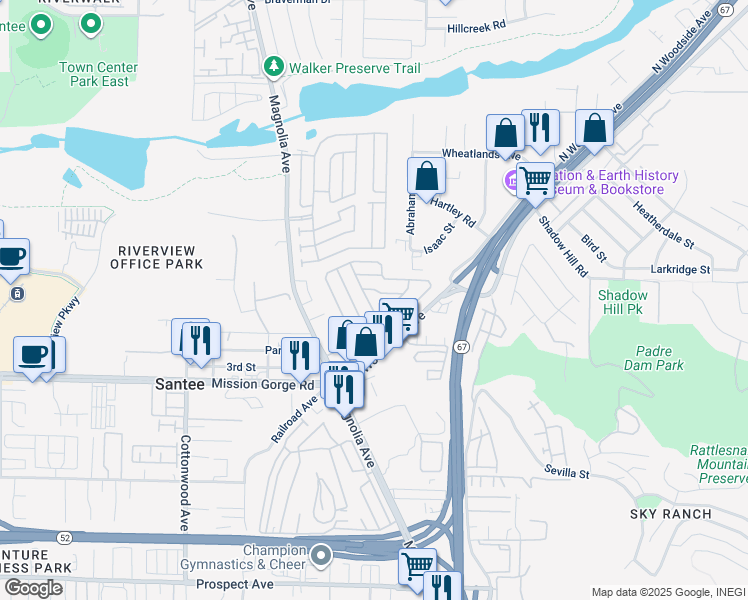 map of restaurants, bars, coffee shops, grocery stores, and more near 172 Vallejo Street in Santee