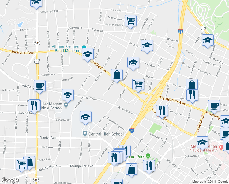 map of restaurants, bars, coffee shops, grocery stores, and more near 2047 Roff Avenue in Macon