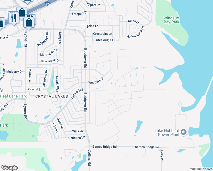 map of restaurants, bars, coffee shops, grocery stores, and more near 4814 Clamdigger Way in Garland