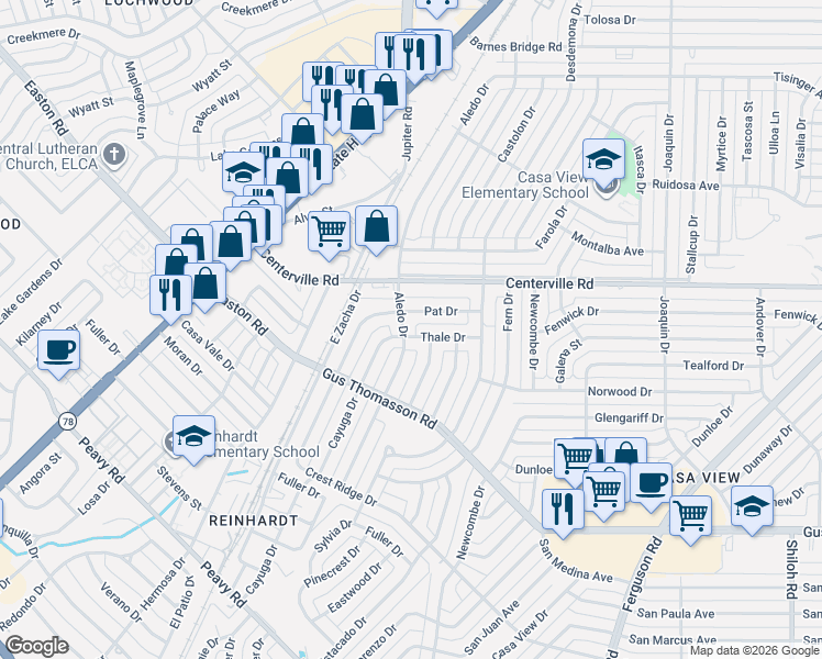 map of restaurants, bars, coffee shops, grocery stores, and more near 10663 Sylvia Drive in Dallas