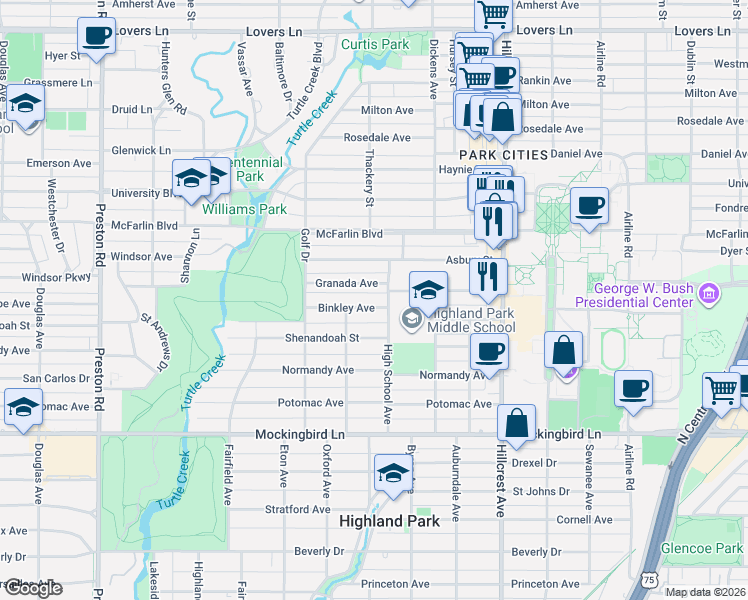 map of restaurants, bars, coffee shops, grocery stores, and more near 3601 Binkley Avenue in Dallas