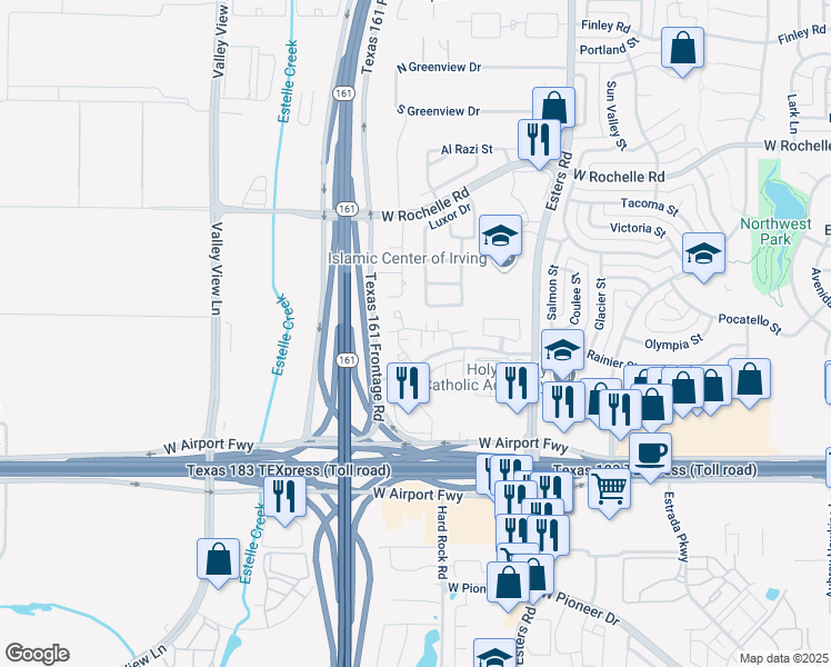 map of restaurants, bars, coffee shops, grocery stores, and more near 4443 Rainier Street in Irving