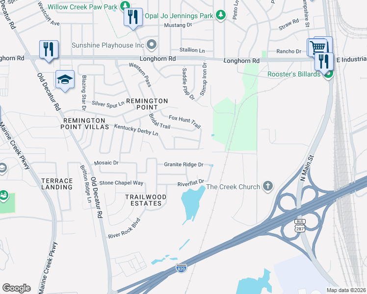 map of restaurants, bars, coffee shops, grocery stores, and more near 721 Kentucky Derby Lane in Fort Worth