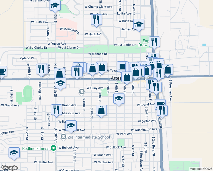 map of restaurants, bars, coffee shops, grocery stores, and more near 702 West Quay Avenue in Artesia