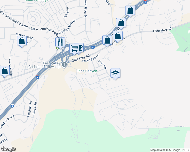 map of restaurants, bars, coffee shops, grocery stores, and more near 14265 Rios Canyon Road in El Cajon