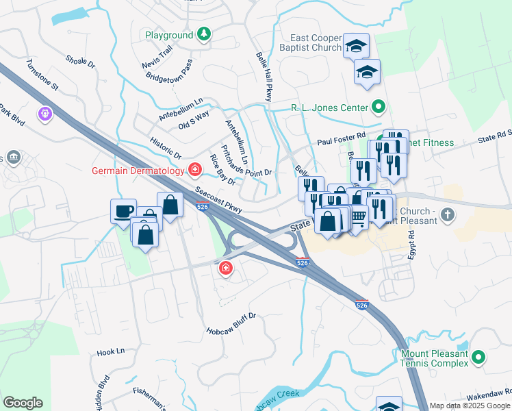 map of restaurants, bars, coffee shops, grocery stores, and more near 401 Seacoast Parkway in Mount Pleasant