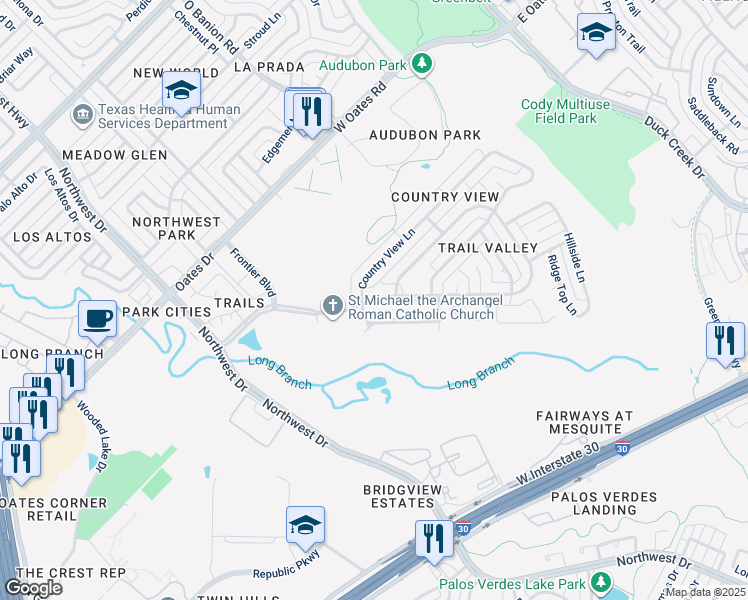 map of restaurants, bars, coffee shops, grocery stores, and more near 1620 Saint Andrews Court in Garland