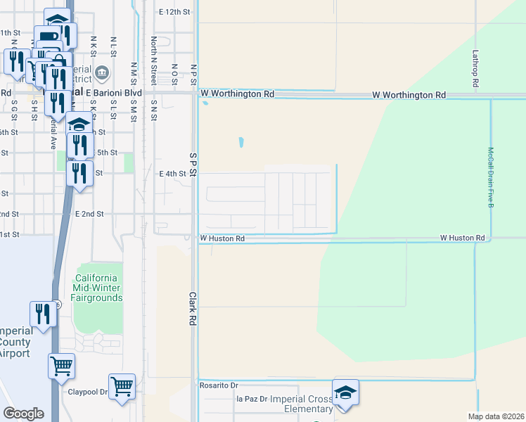 map of restaurants, bars, coffee shops, grocery stores, and more near 1121 East 2nd Street in Imperial