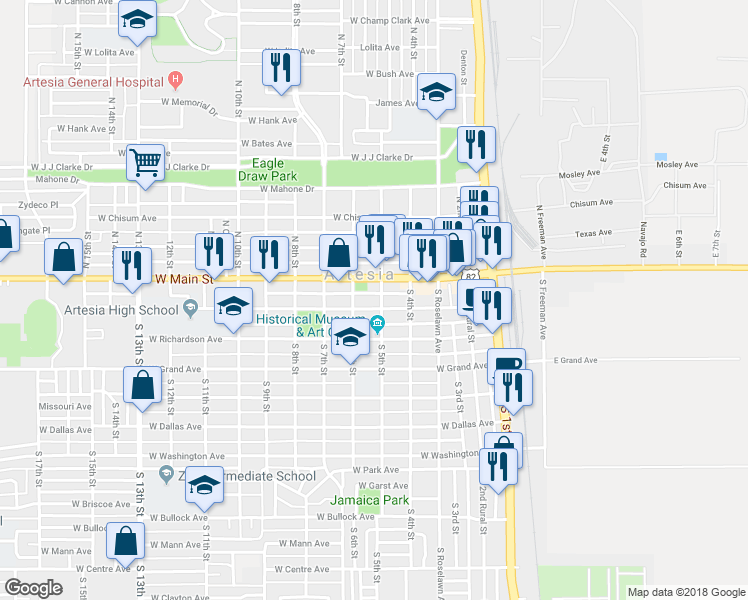 map of restaurants, bars, coffee shops, grocery stores, and more near 504 W Quay Ave in Artesia