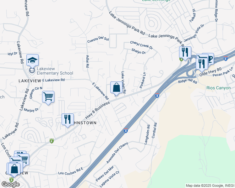 map of restaurants, bars, coffee shops, grocery stores, and more near in Lakeside