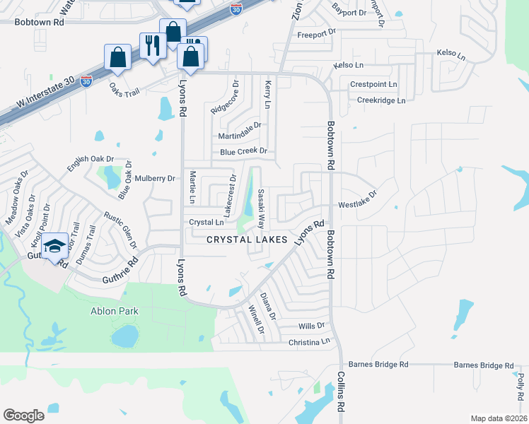 map of restaurants, bars, coffee shops, grocery stores, and more near 6113 Waterway Drive in Garland