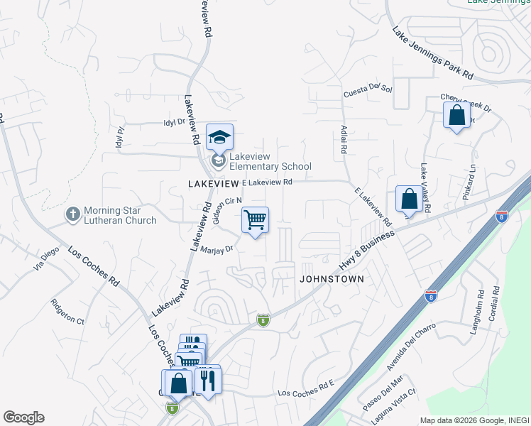 map of restaurants, bars, coffee shops, grocery stores, and more near 9199 Gaman Street in Lakeside